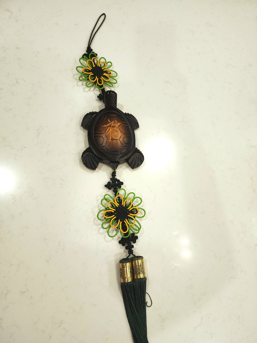 Korean Green Knot Wood Turtle Traditional Embroidered Good Luck Charm House VTG